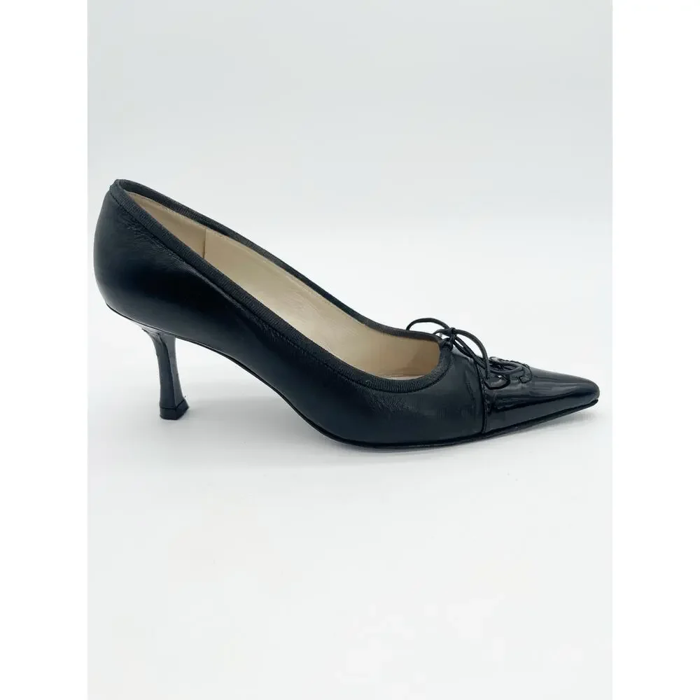 Chanel Vintage Black Leather Patent Cap Toe CC Bow Pointed Toe Pumps Heels EU 36